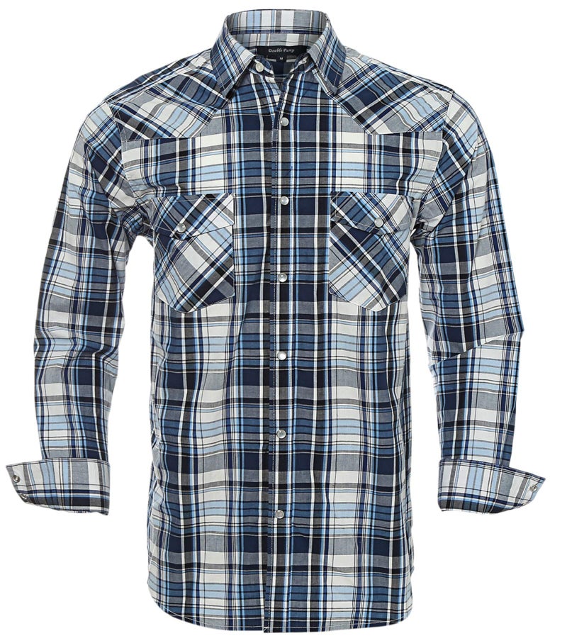 Double Pump Western Shirts for Men with Snap Buttons Regular Fit Plaid Mens Long Sleeve Shirts Casual,Blue White 009, Medium - Image 1